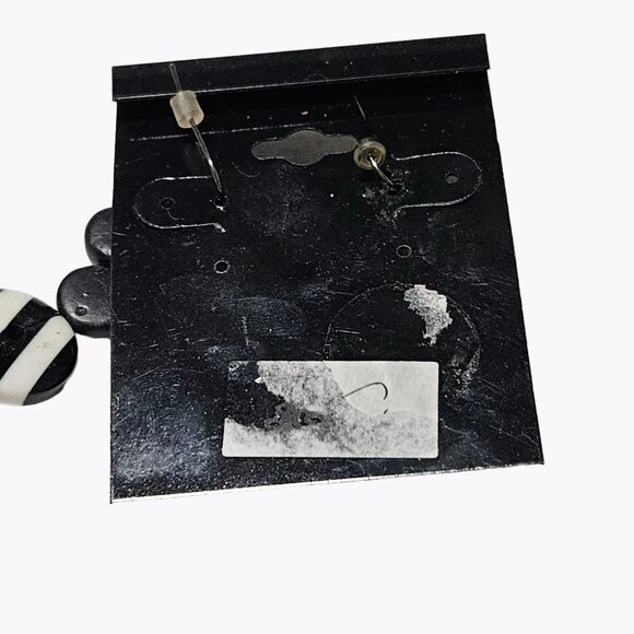 Retro Black White Striped Disc Drop Earrings Statement Evening Fashion Jewelry - Picture 4 of 5